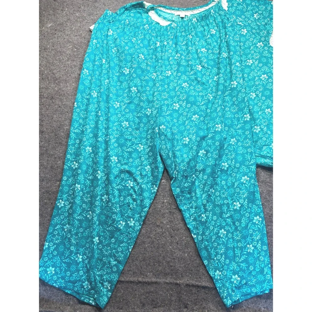Dreams & Co Teal Floral Lace Trim Pajama Set Plus Size 3X 30/32 Short Sleeve PJ